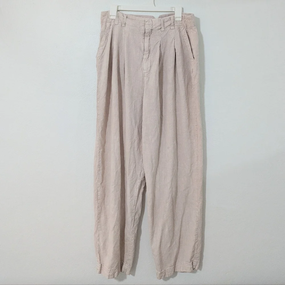 Free People Calla Pleated Trousers Pants Mid Rise Tapered Linen Blend Khaki 12 - Picture 2 of 12